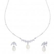 Curved CZ Pearl Drop 925 Sterling Silver Necklace Set For Women JOCNS1259R