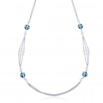 925 Sterling Silver Blue & White ball Beads Long Neck Chain For Women 