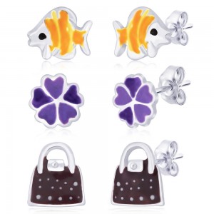 925 Silver Combo of Fish,Flower & Lock Earrings For Kids JOCCBER152I-001
