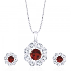 925 Sterling Silver Floral Red CZ Pendant Set for Women JOCD1X112-02-RD