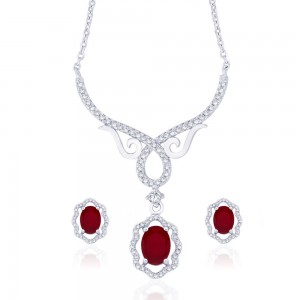 Elegant Floral Red CZ Studded 925 Sterling Silver Necklace Set For Women JOCNSXE1239B
