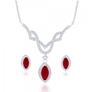 Oval Red CZ Studded 925 Sterling Silver Necklace Set For Women JOCNSXE1240B