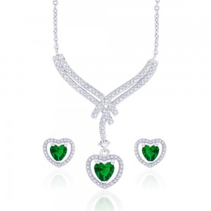Stunning Heart Green CZ Studded 925 Sterling Silver Necklace Set For Women JOCNSXE1241A