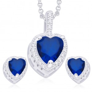 925 Sterling Silver Blue & White CZ Heart Pendant Set JOCPE1251E