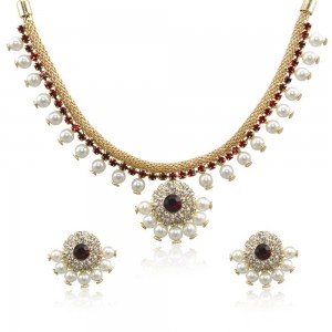 Xcite Golden Colour Pearls & Ruby Color Stone Necklace Set For Women JOCXNS253