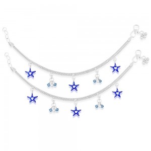 925 Sterling Silver Adorable Star & Beads Charm Anklet For Kids 