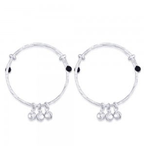 925 Sterling Silver Bell Ending With Black Beads Baby Bangles For Kids