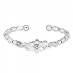 990 Sterling Silver Oval Beads Floral Design Bangle For Women