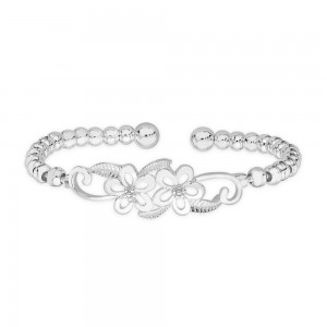 990 Sterling Silver Round Beads Floral Design Bangle For Women