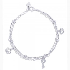 925 Sterling Silver Crown,Key & Heart Charm Bracelet For Women
