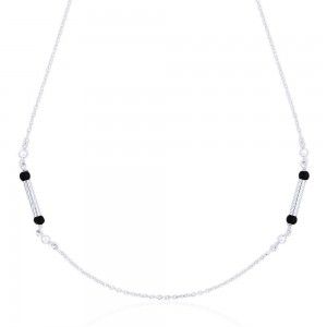 925 Sterling Silver Tube & Black Beads Long Chain For Women