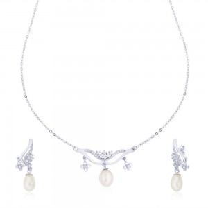  925 Sterling Silver CZ with Pearl Drop Necklace Set For Women
